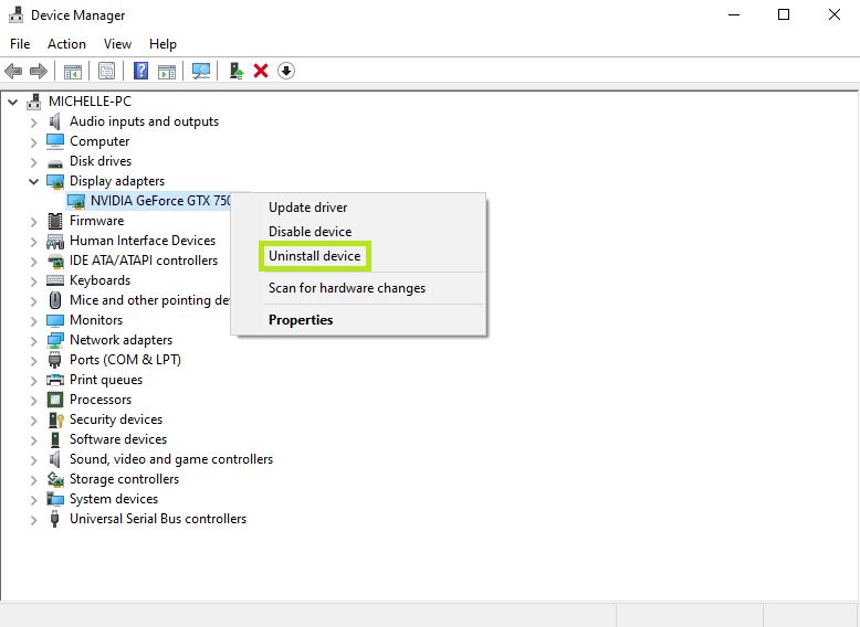 « Adaptateurs d'affichage » pour trouver votre carte graphique. Faites un clic droit sur votre carte graphique et sélectionnez « Désinstaller le périphérique ».