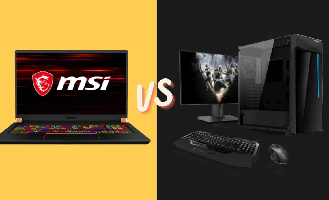 An MSI laptop on a yellow background with "vs." in the middle and a screen, mouse, keyboard and computer box on a black background on the right-hand side